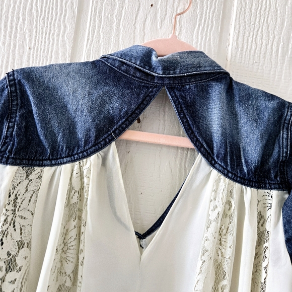 Free People Boho Western Denim Chiffon Lace V Neck Keyhole Longsleeve Medium - Picture 6 of 9